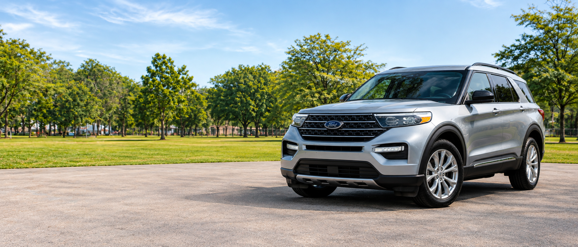 Ford Explorer plateado, vista frontal diagonal en un parque