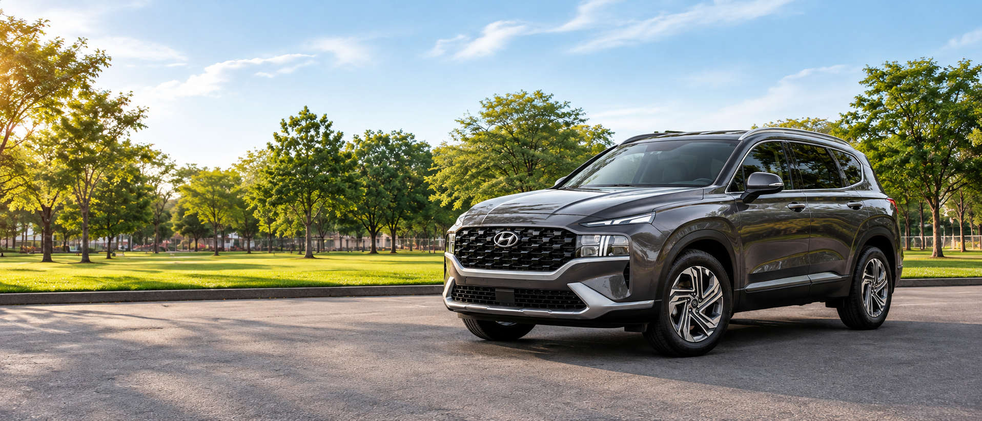 Hyundai Santa Fe en el parque, vista de tres cuartos