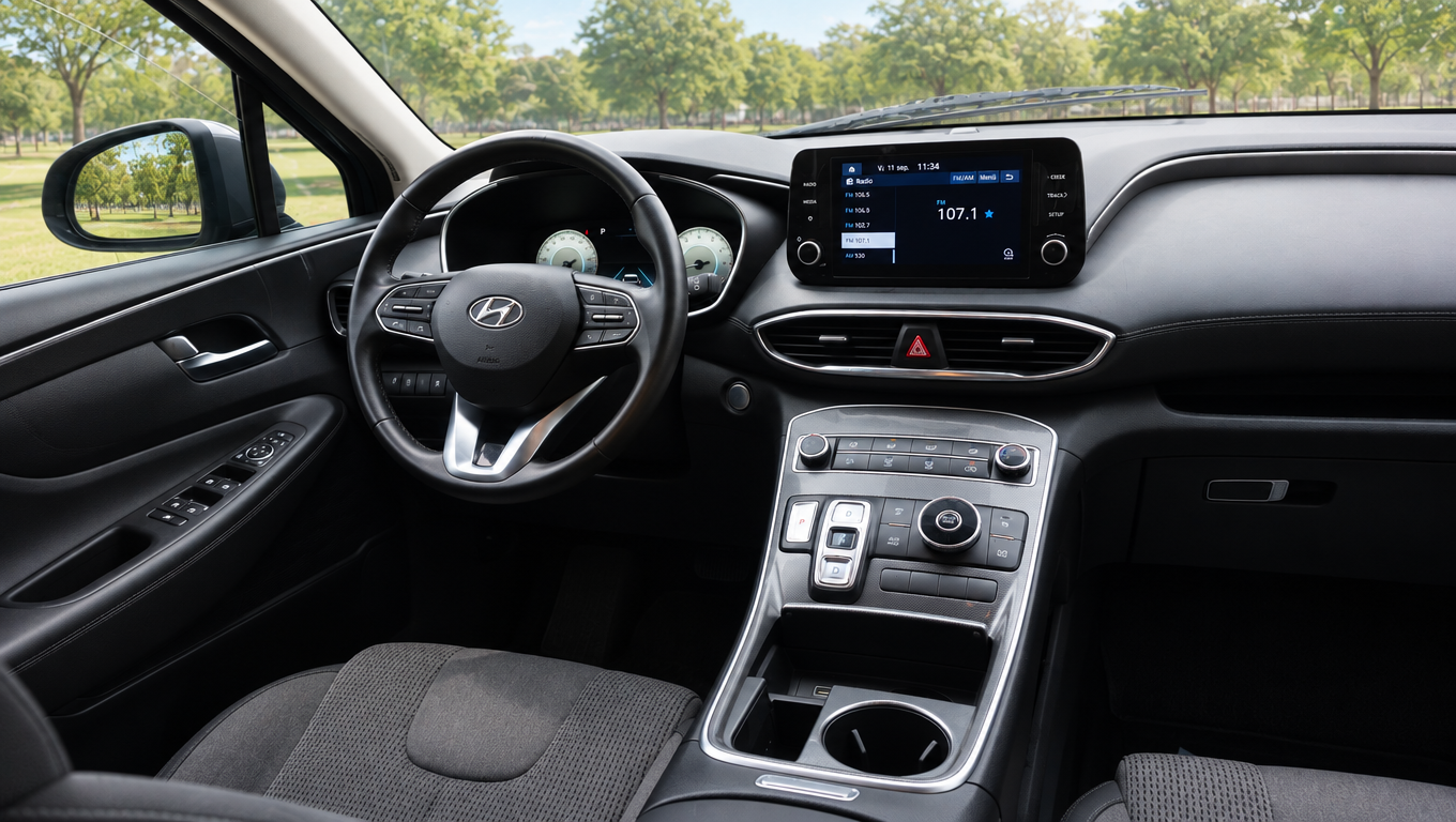 Interior de Hyundai Santa Fe: tablero y asientos delanteros