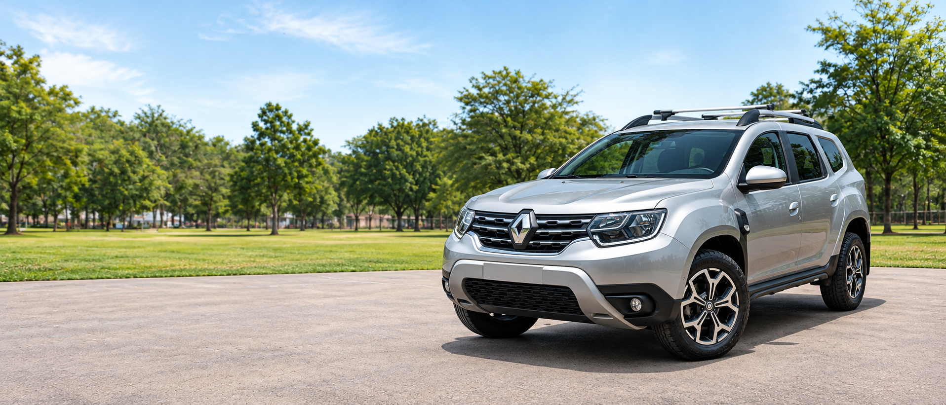 Renault Duster plateado en un parque, vista diagonal