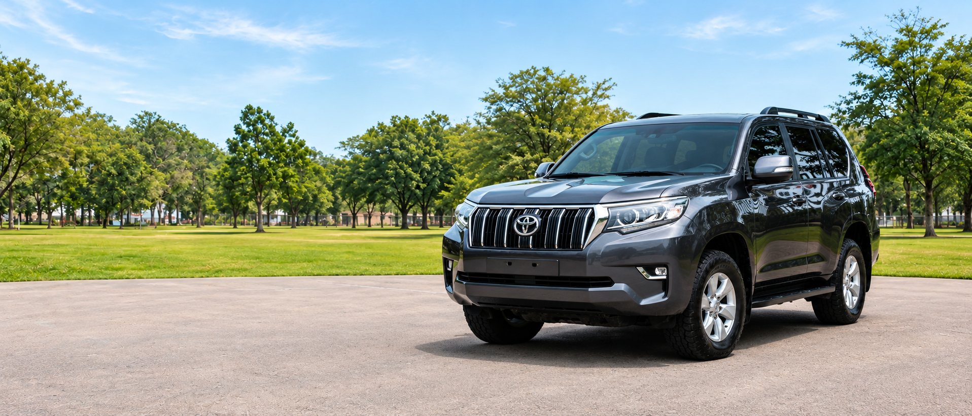 Toyota Land Cruiser Prado gris en un parque, vista diagonal